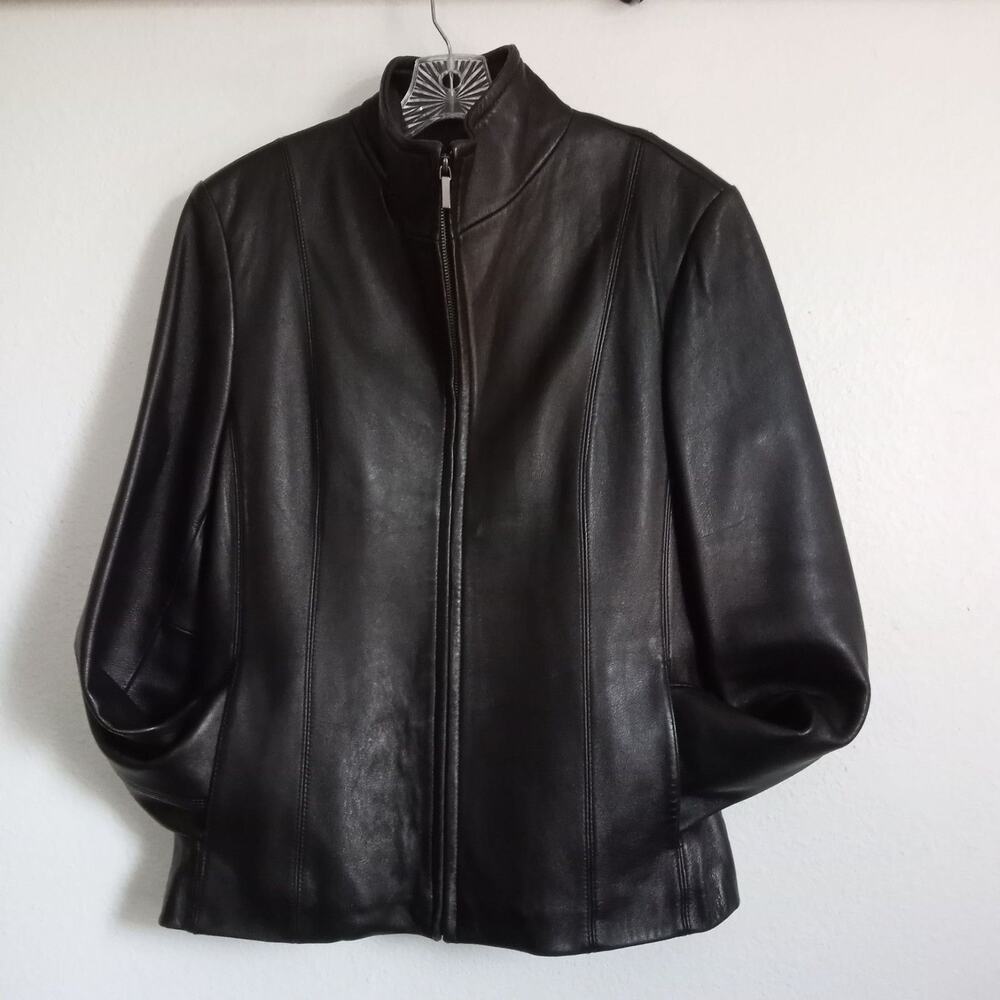 NINE WEST Black Leather Jacket SZ L Car Coat Lined Zip Front Pockets Moto Collar